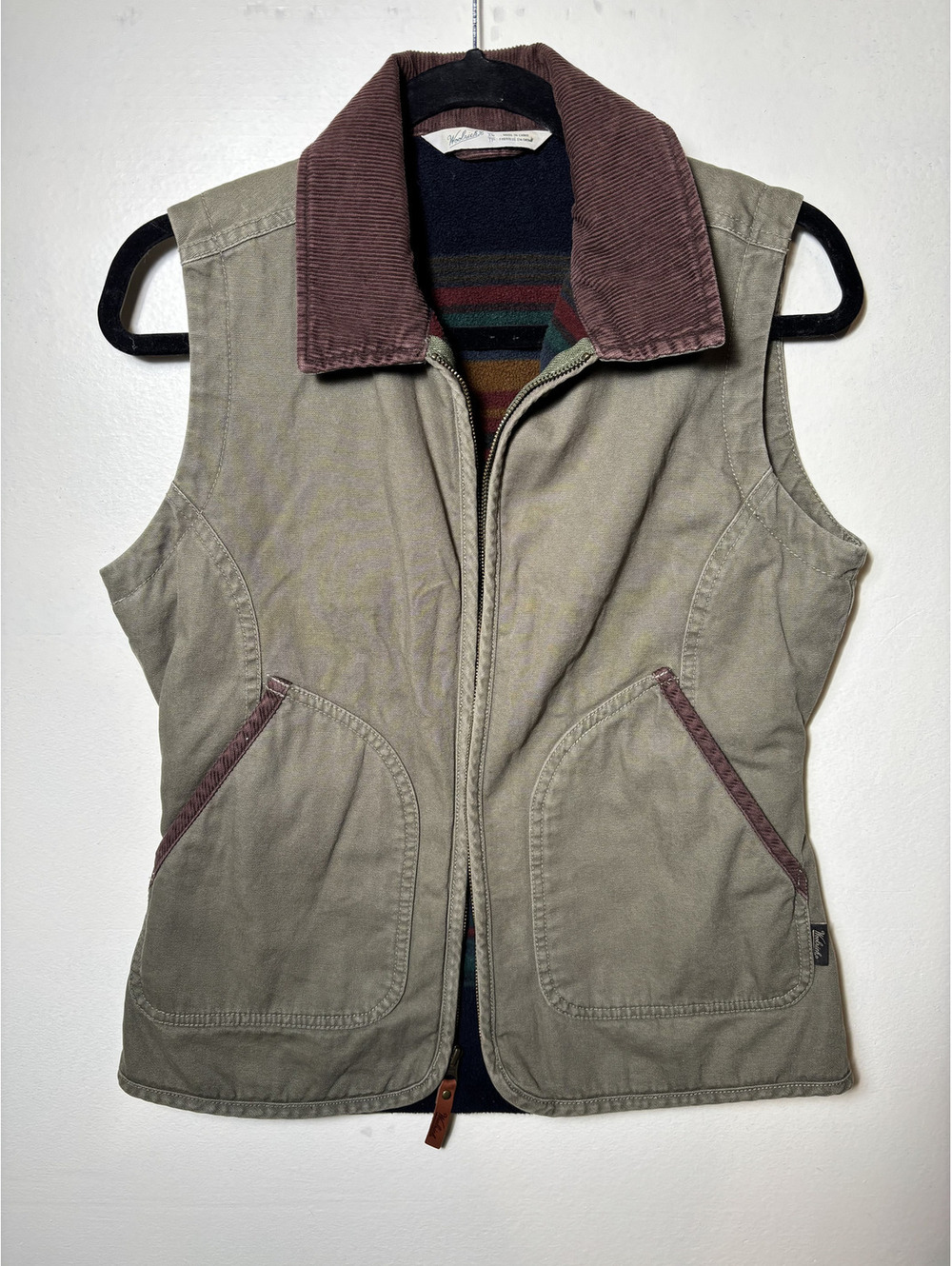 Woolrich Fleece Lined Canvas Vest Tan Corduroy Collar XS